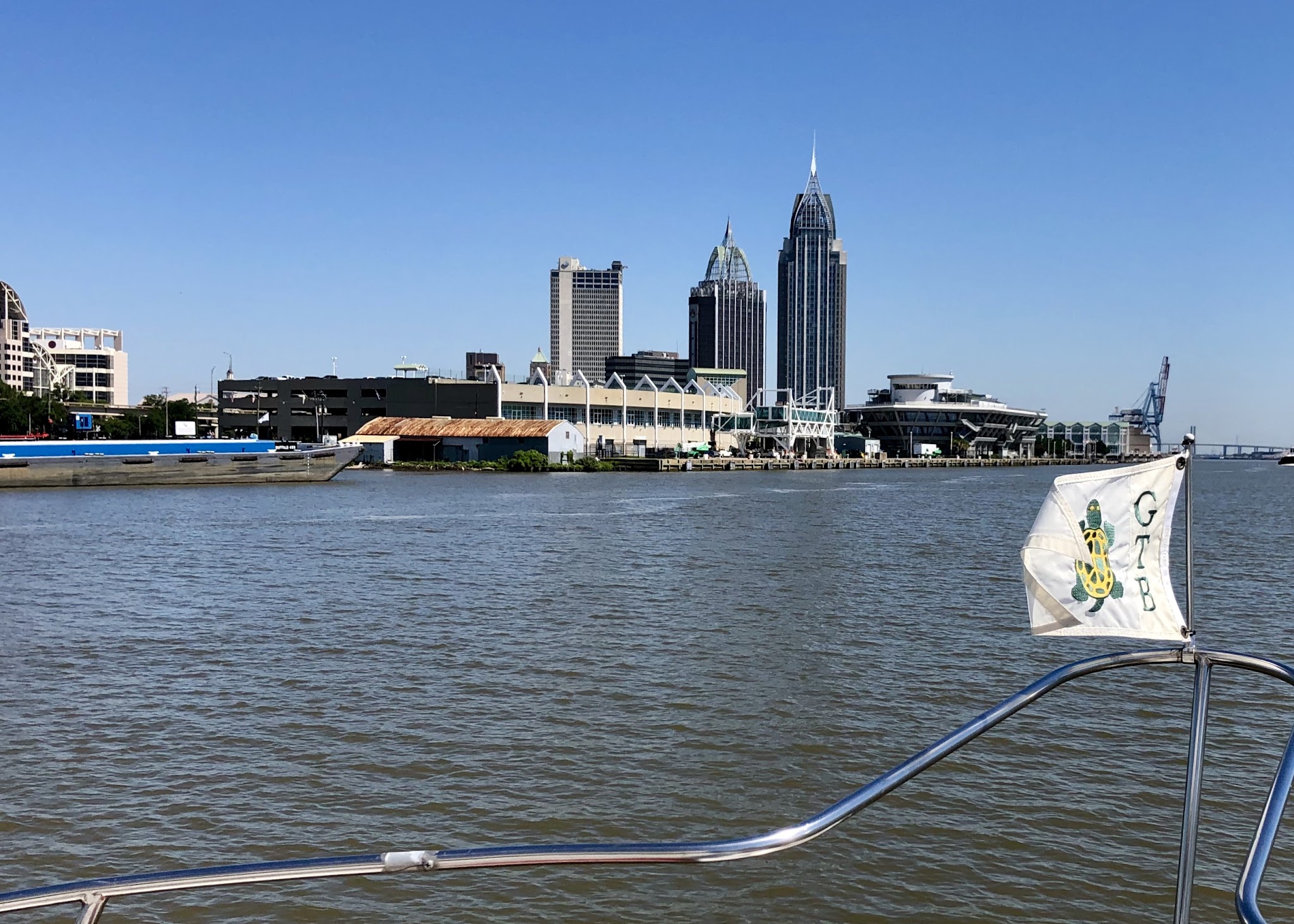 Downtown Mobile skyline and waterfront seen from Hunky Dory