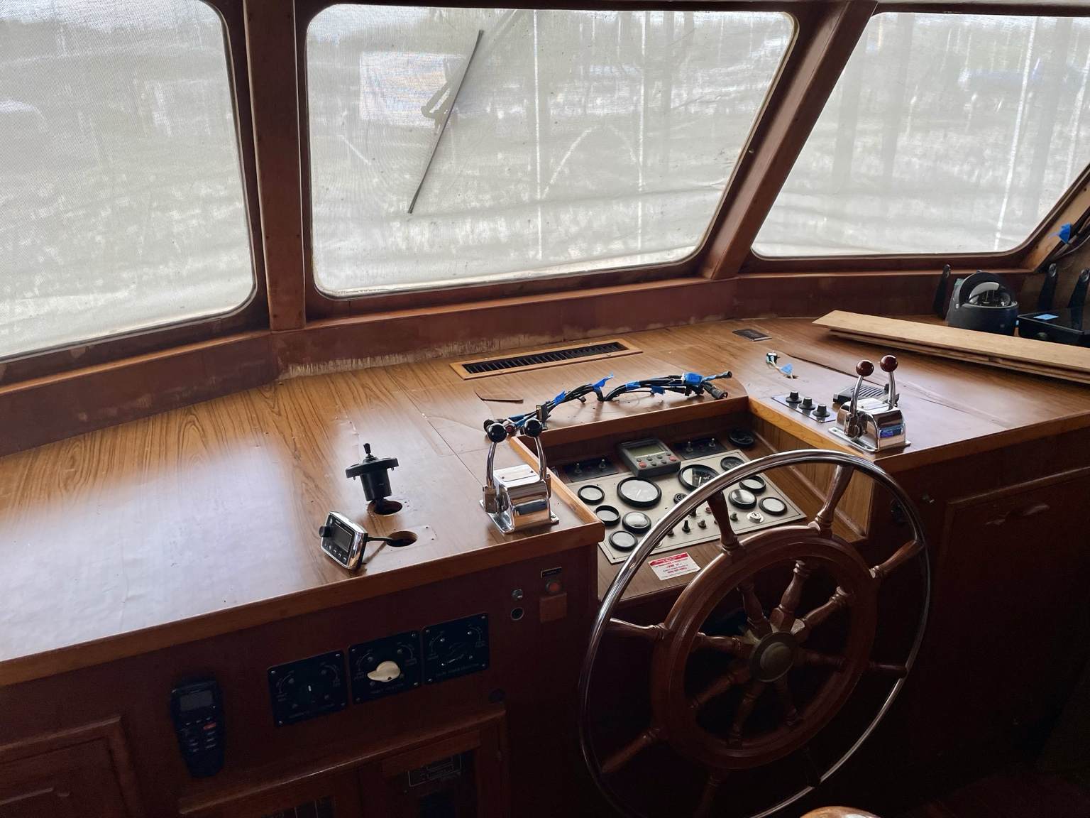 Hunky Dory’s pilothouse during removal and reorganization of navigation electronics