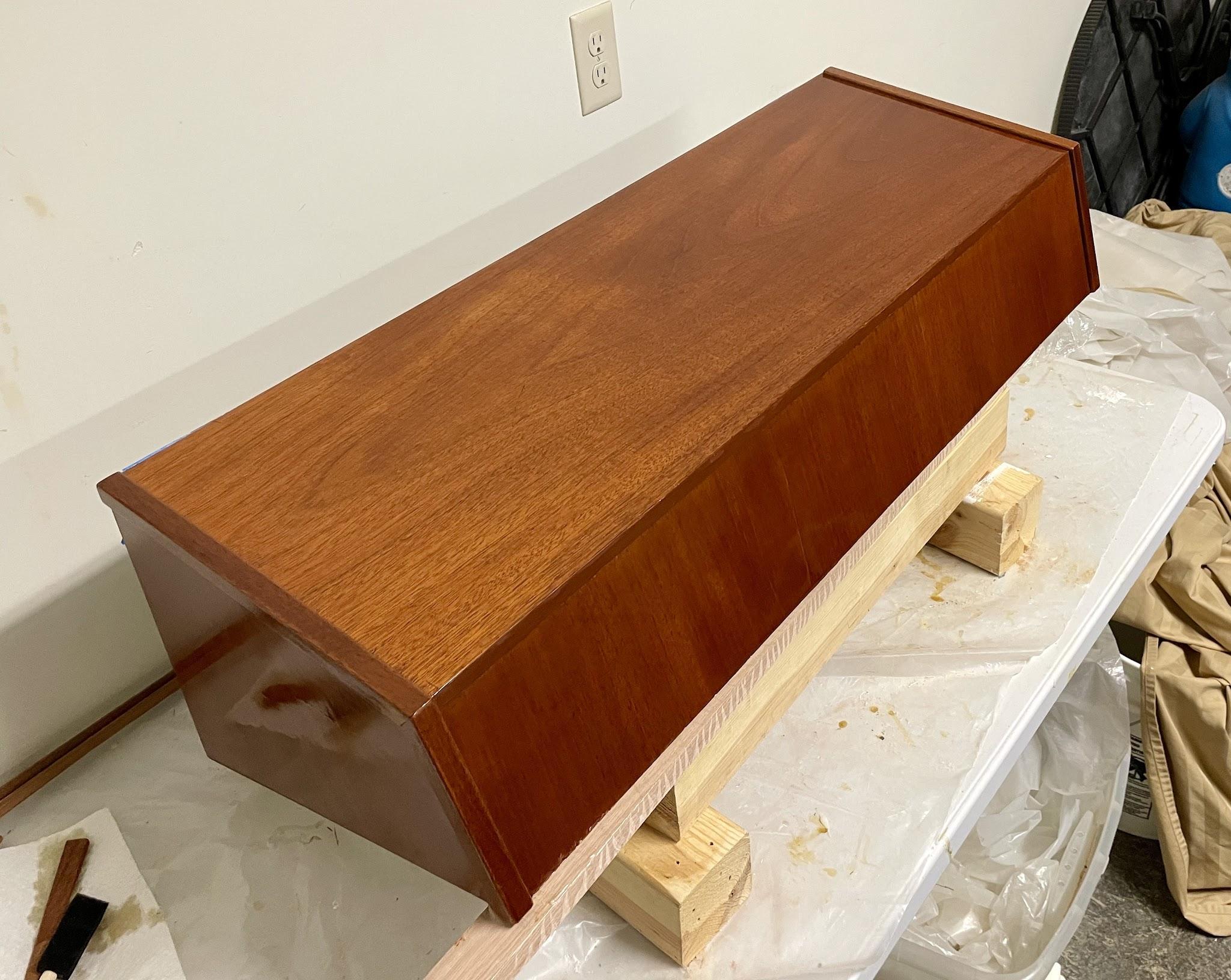 Back view of the varnished mahogany console cabinet